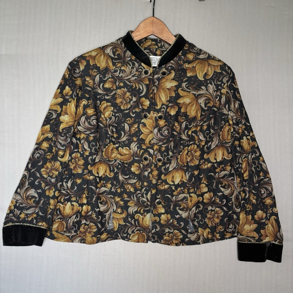 Vtg Jessica Howard Womens Petite Large Tapestry Print Jacket Velvet Trim Cropped